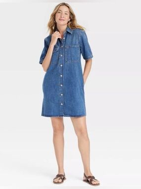Universal Thread Blue Denim Button-Front Midi Shirt Dress